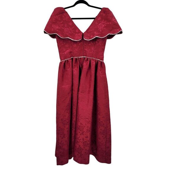 Vtg 80s Handmade Red Floral Jacquard Dress Sz M Fit & Flare Victorian Revival - Picture 6 of 9